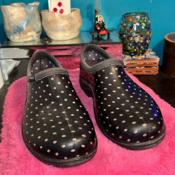SLOGGERS Black with Light Pink Polka Dot Clogg Waterproof Gardening Shoes size 7 - Picture 2 of 9